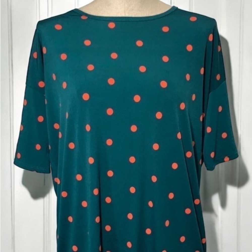 LuLaroe Irma Tunic Dark Green/Orange Polka Dot,  Size XXS